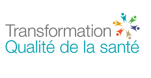 Logo de Transformation Qualité de la santé avec du texte et image abstraite de personnes qui collaborent.