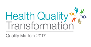 Health Quality Transformation logo with text and abstract image of people collaborating