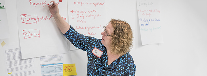 woman writing on flipchart paper