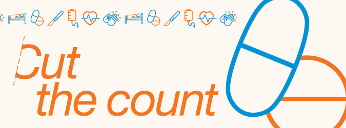 Ontario Surgical Quality Improvement Network Cut the Count campaign wordmark featuring icons of pills, a surgical scalpel, a patient in a hospital bed, an IV drip, handwashing and a heart monitor