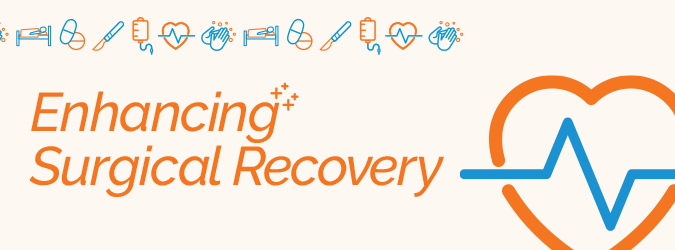 Ontario Surgical Quality Improvement Network Enhancing Surgical Recovery campaign wordmark featuring icons of pills, a surgical scalpel, a patient in a hospital bed, an IV drip, handwashing and a heart monitor