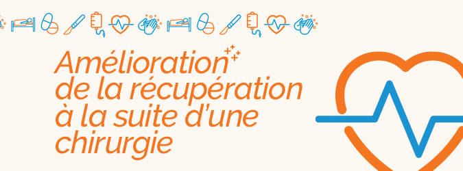 Réseau ontarien d’amélioration de la qualité des soins chirurgicaux - mot-clé de la campagne l’amélioration de la récupération à la suite d’une chirurgie: icônes avec pilules, scalpel chirurgical, patient dans un lit d’hôpital, perfusion intraveineuse, lavage des mains et moniteur cardiaque