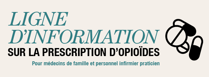 Image indiquant la ligne d'assistance pour la prescription d'opioïdes pour les médecins de famille et les infirmières praticiennes avec des icônes représentant des pilules et des comprimés.